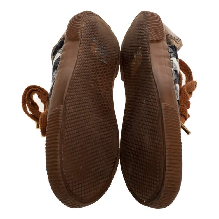 Pre Owned Burberry Brown Leather And Nova Check Quilted Canvas Low Top Sneakers Size 37