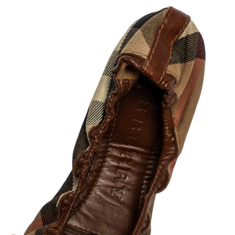 Pre Owned Burberry Brown House Check Canvas and Leather Falcony Scrunch Ballet Flats Size 37.5