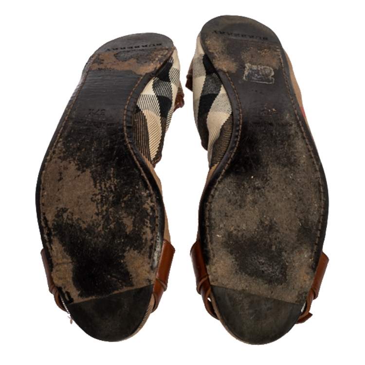Pre Owned Burberry Brown House Check Canvas and Leather Falcony Scrunch Ballet Flats Size 37.5
