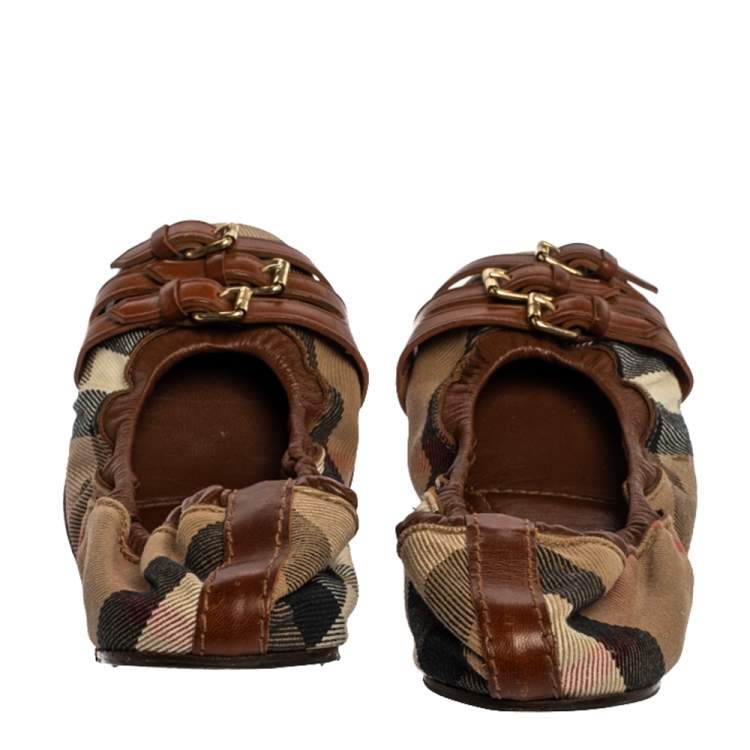 Pre Owned Burberry Brown House Check Canvas and Leather Falcony Scrunch Ballet Flats Size 37.5