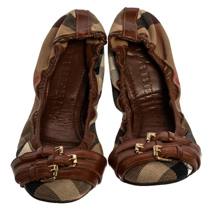 Pre Owned Burberry Brown House Check Canvas and Leather Falcony Scrunch Ballet Flats Size 37.5