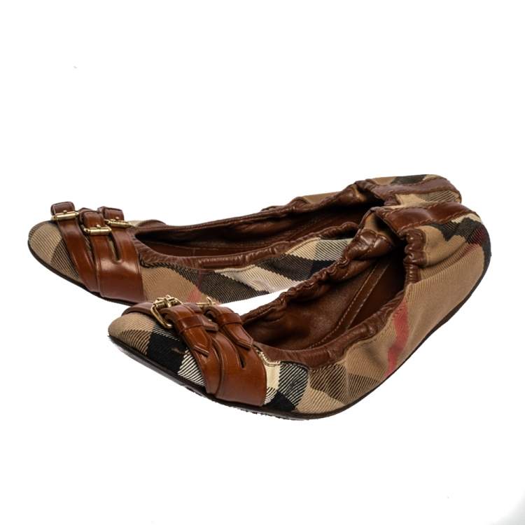 Pre Owned Burberry Brown House Check Canvas and Leather Falcony Scrunch Ballet Flats Size 37.5