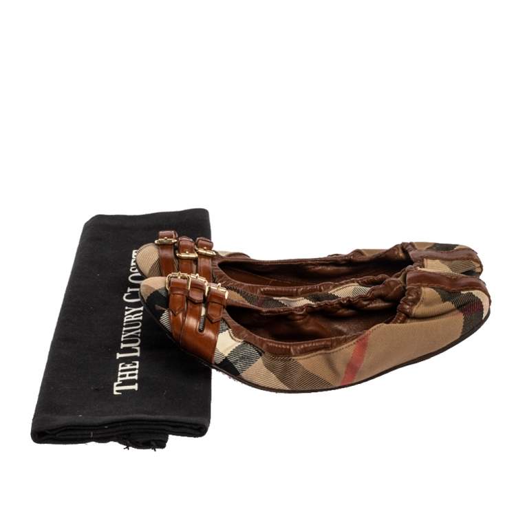 Pre Owned Burberry Brown House Check Canvas and Leather Falcony Scrunch Ballet Flats Size 37.5