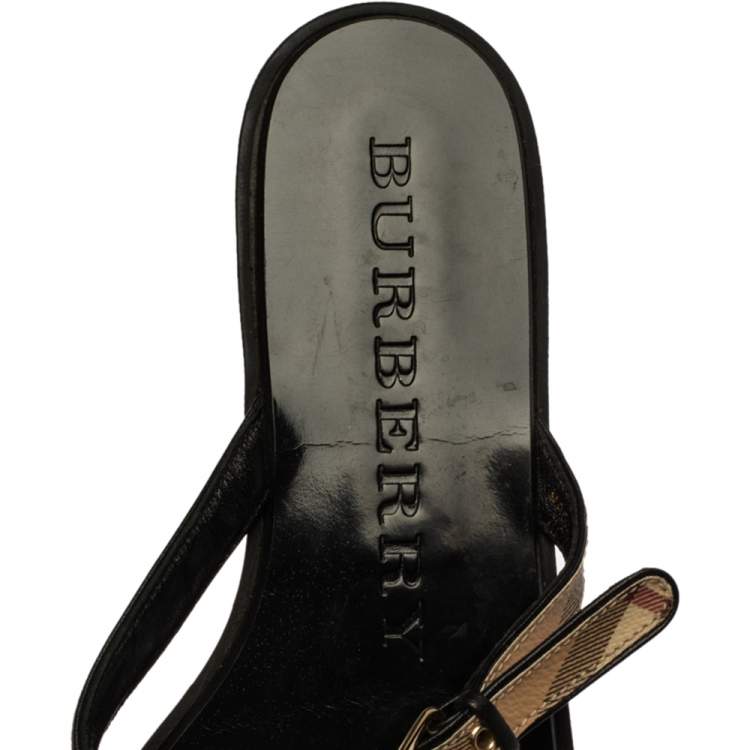 Pre Owned Burberry Black Leather and House Check Canvas Masie Belted Check Thong Sandals Size 37