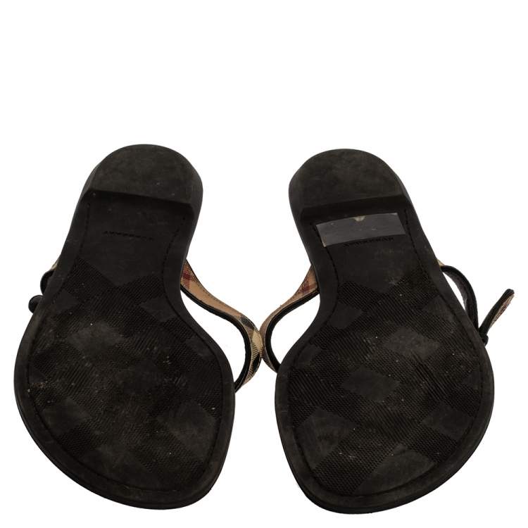 Pre Owned Burberry Black Leather and House Check Canvas Masie Belted Check Thong Sandals Size 37
