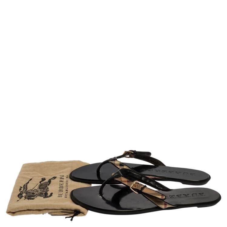 Pre Owned Burberry Black Leather and House Check Canvas Masie Belted Check Thong Sandals Size 37