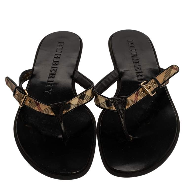 Pre Owned Burberry Black Leather and House Check Canvas Masie Belted Check Thong Sandals Size 37