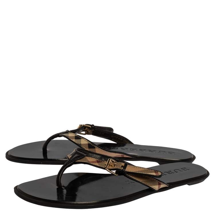 Pre Owned Burberry Black Leather and House Check Canvas Masie Belted Check Thong Sandals Size 37
