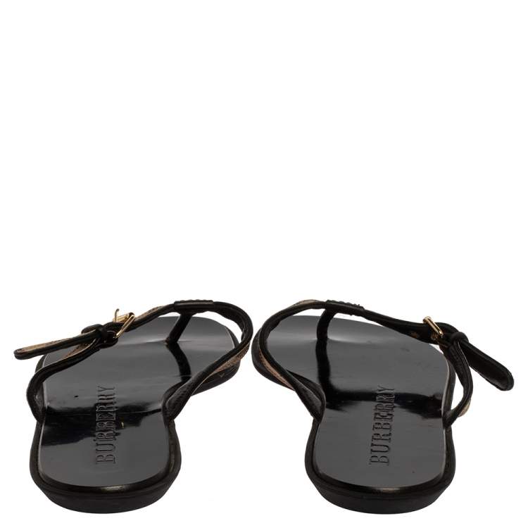 Pre Owned Burberry Black Leather and House Check Canvas Masie Belted Check Thong Sandals Size 37