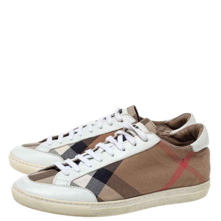 مملوكة مسبقًا Burberry Brown Nova Check Canvas And White Leather Low Top Sneakers Size 36