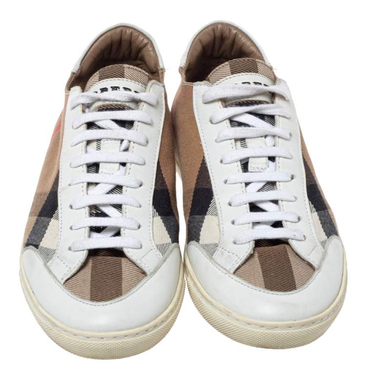 مملوكة مسبقًا Burberry Brown Nova Check Canvas And White Leather Low Top Sneakers Size 36