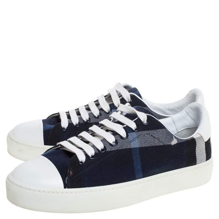 Pre Owned Burberry Blue/White Nova Check Canvas and Leather 'Westford' Lace Up Sneakers Size 36