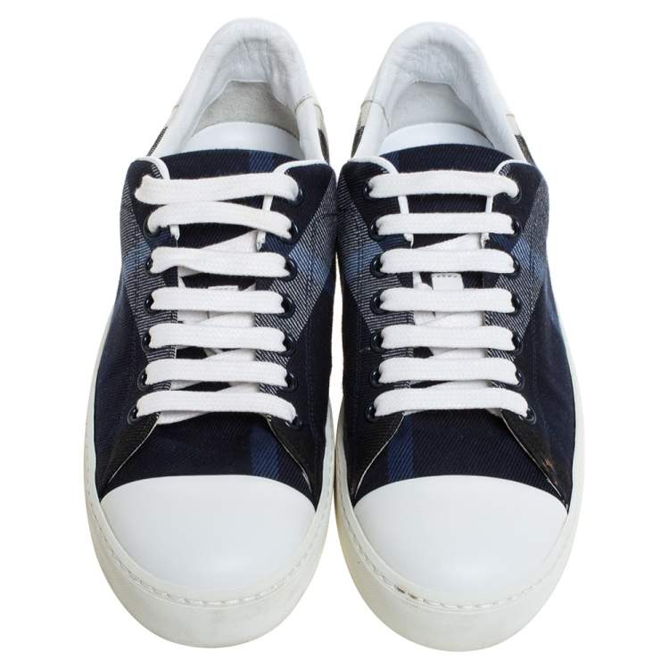 Pre Owned Burberry Blue/White Nova Check Canvas and Leather 'Westford' Lace Up Sneakers Size 36