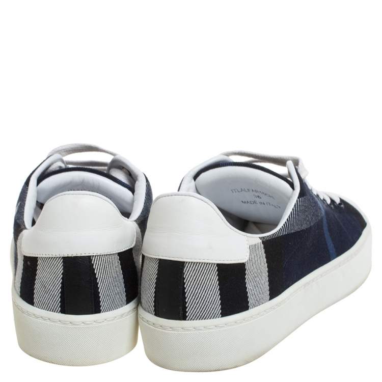 Pre Owned Burberry Blue/White Nova Check Canvas and Leather 'Westford' Lace Up Sneakers Size 36