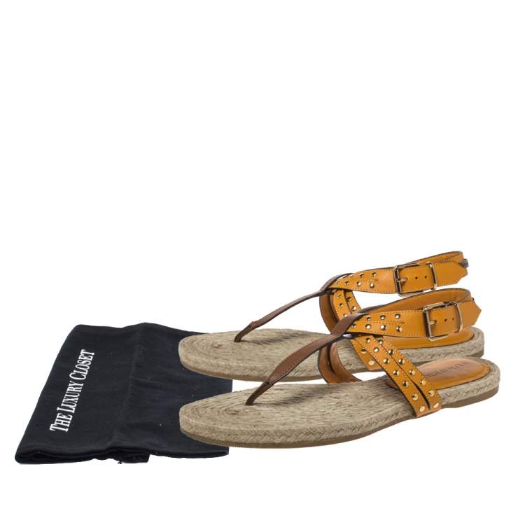 Pre Owned Burberry Brown/Mustard Yellow Leather Studded Thong Ankle Strap Flats Size 39.5