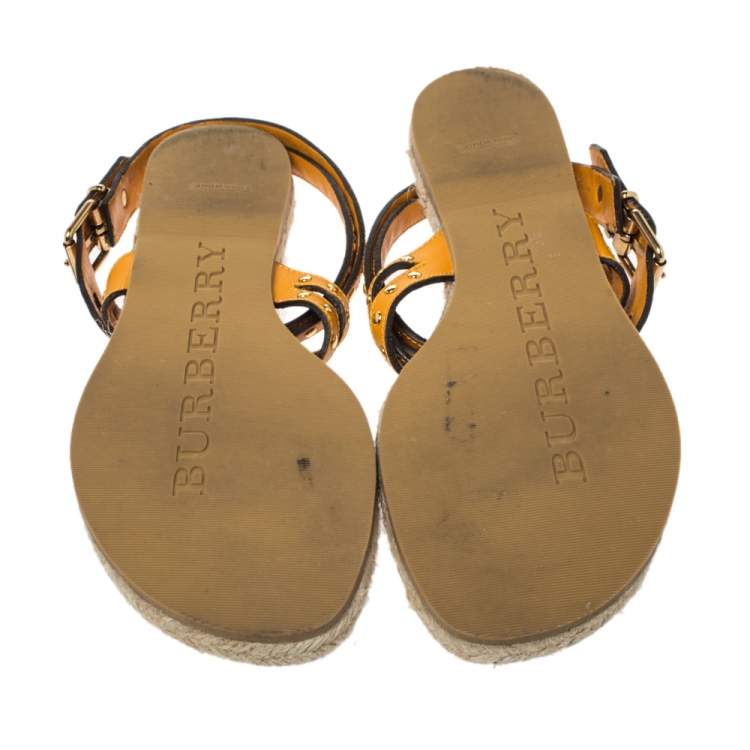 Pre Owned Burberry Brown/Mustard Yellow Leather Studded Thong Ankle Strap Flats Size 39.5