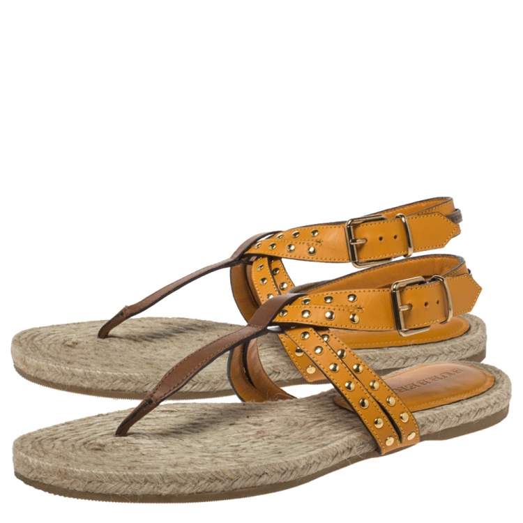 Pre Owned Burberry Brown/Mustard Yellow Leather Studded Thong Ankle Strap Flats Size 39.5
