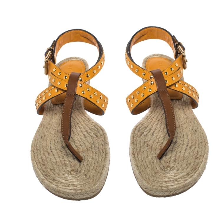 Pre Owned Burberry Brown/Mustard Yellow Leather Studded Thong Ankle Strap Flats Size 39.5