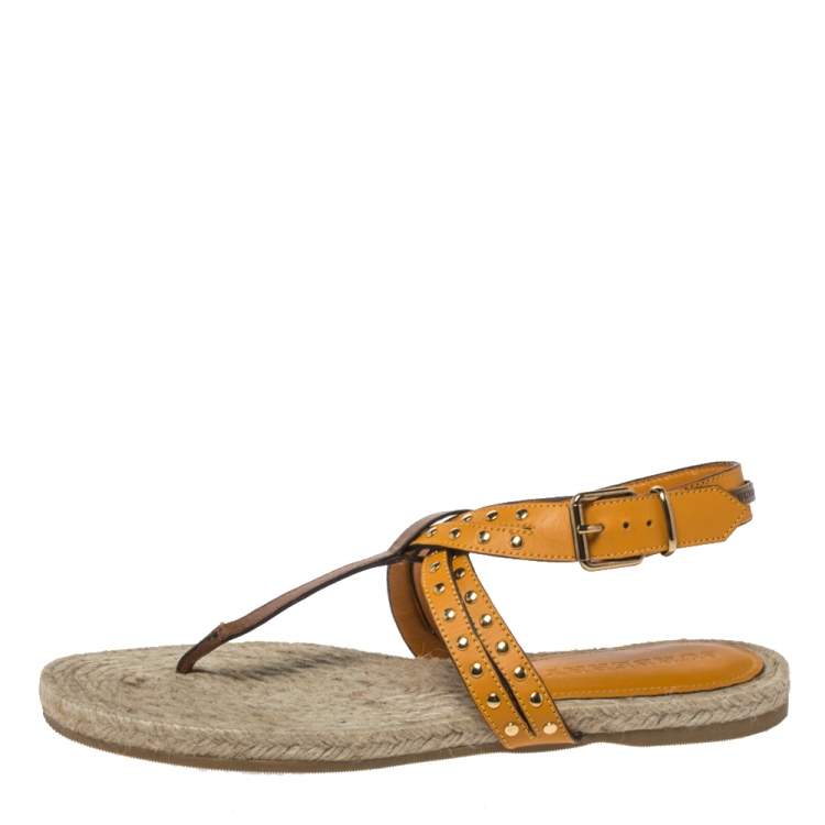 Pre Owned Burberry Brown/Mustard Yellow Leather Studded Thong Ankle Strap Flats Size 39.5
