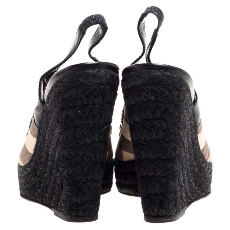 Pre Owned Burberry Black Patent And Check Canvas Slingback Platform Wedge Espadrilles Size 38