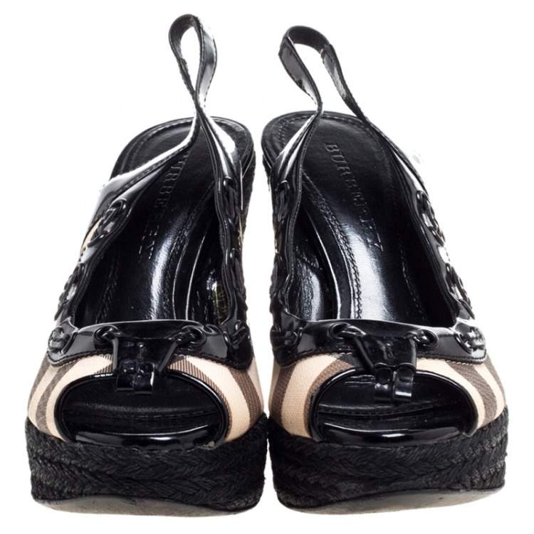 Pre Owned Burberry Black Patent And Check Canvas Slingback Platform Wedge Espadrilles Size 38