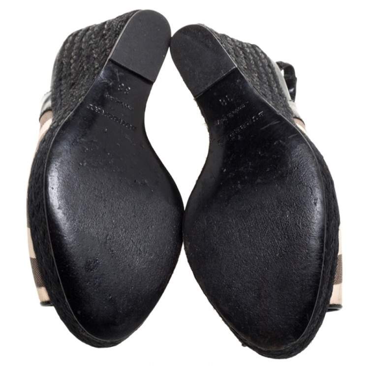 Pre Owned Burberry Black Patent And Check Canvas Slingback Platform Wedge Espadrilles Size 38