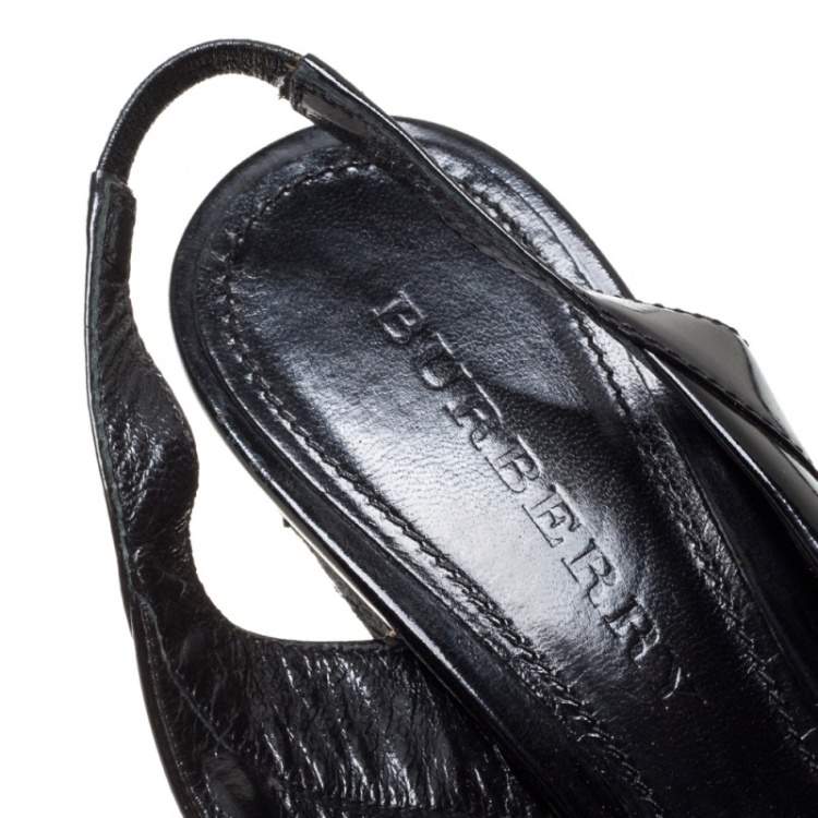 Pre Owned Burberry Black Patent And Check Canvas Slingback Platform Wedge Espadrilles Size 38