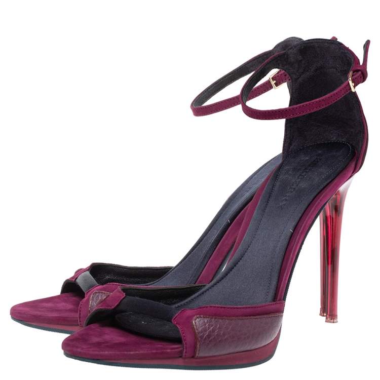 Pre Owned Burberry Purple Satin And Nubuck Ankle Strap Lucite Heel Sandals Size 37