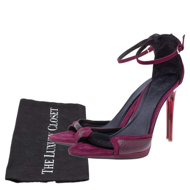 Pre Owned Burberry Purple Satin And Nubuck Ankle Strap Lucite Heel Sandals Size 37