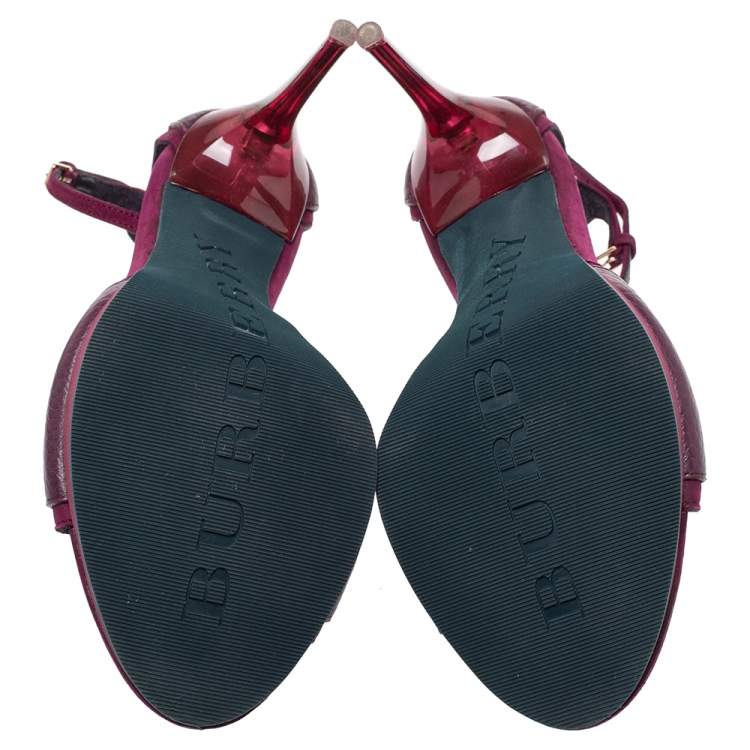 Pre Owned Burberry Purple Satin And Nubuck Ankle Strap Lucite Heel Sandals Size 37