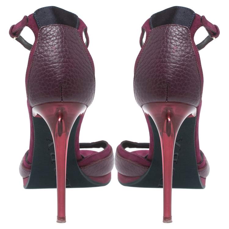 Pre Owned Burberry Purple Satin And Nubuck Ankle Strap Lucite Heel Sandals Size 37