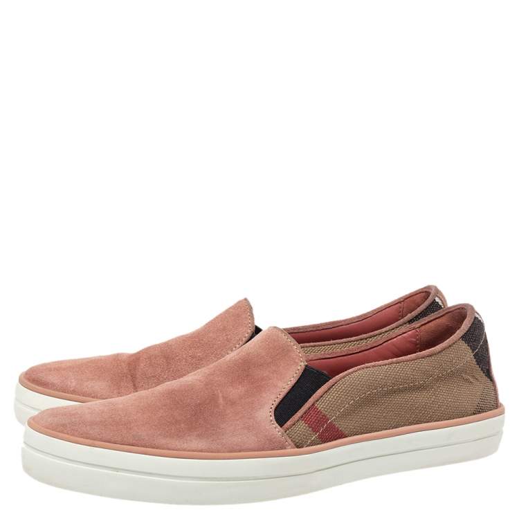 مملوكة مسبقًا Burberry Pink Suede And Check Canvas Gauden Slip On Sneakers Size 36