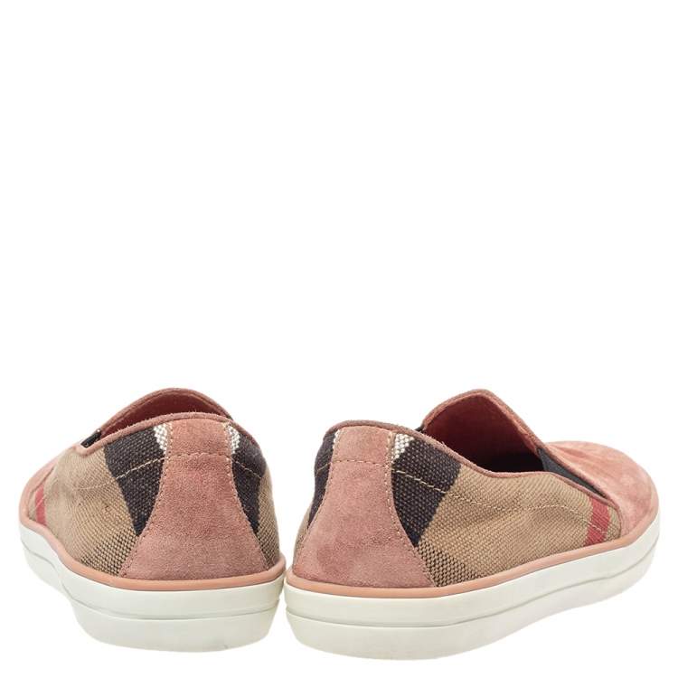 مملوكة مسبقًا Burberry Pink Suede And Check Canvas Gauden Slip On Sneakers Size 36