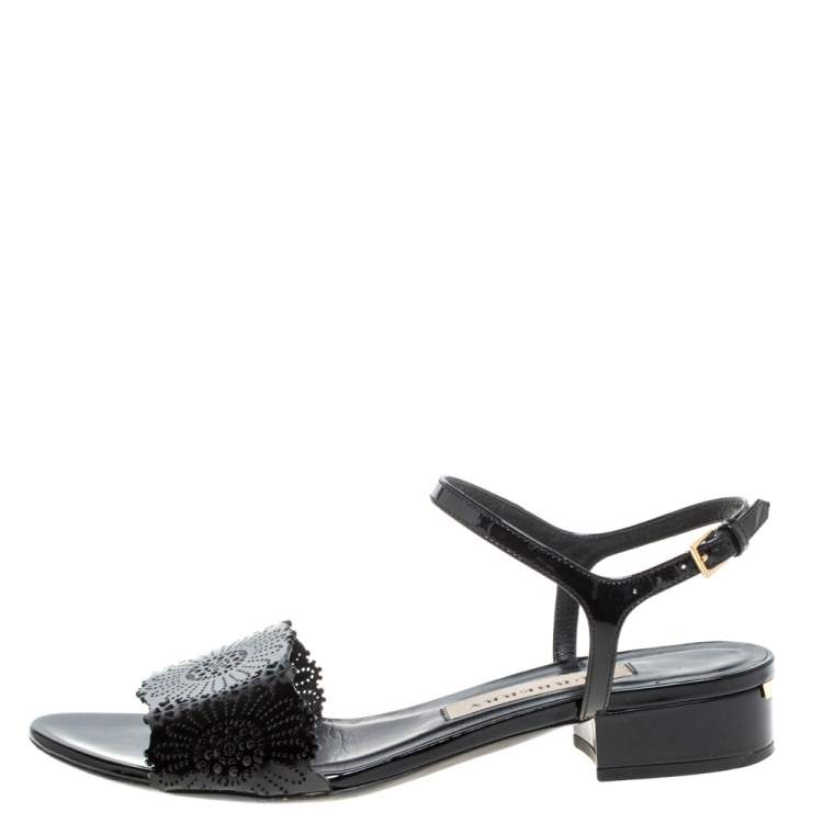 Pre Owned Burberry Black Patent Leather Laser Cut Ankle Strap Flat Sandals Size 37