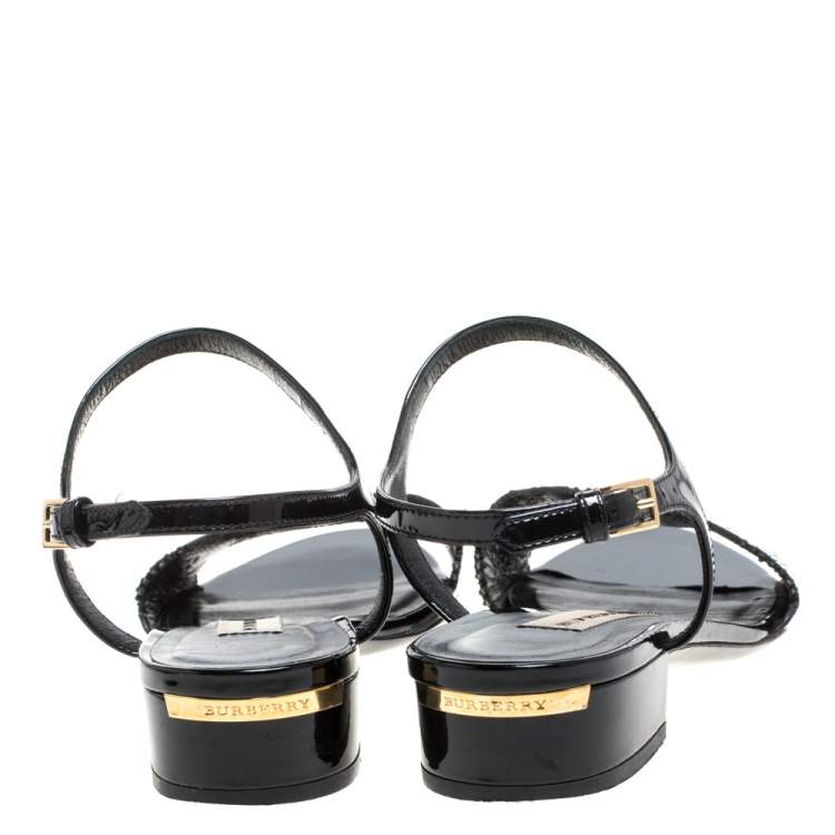 Pre Owned Burberry Black Patent Leather Laser Cut Ankle Strap Flat Sandals Size 37