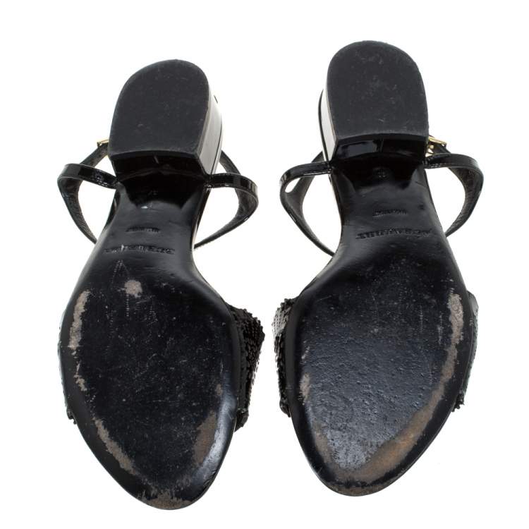 Pre Owned Burberry Black Patent Leather Laser Cut Ankle Strap Flat Sandals Size 37