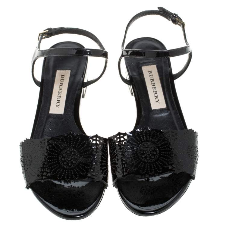 Pre Owned Burberry Black Patent Leather Laser Cut Ankle Strap Flat Sandals Size 37