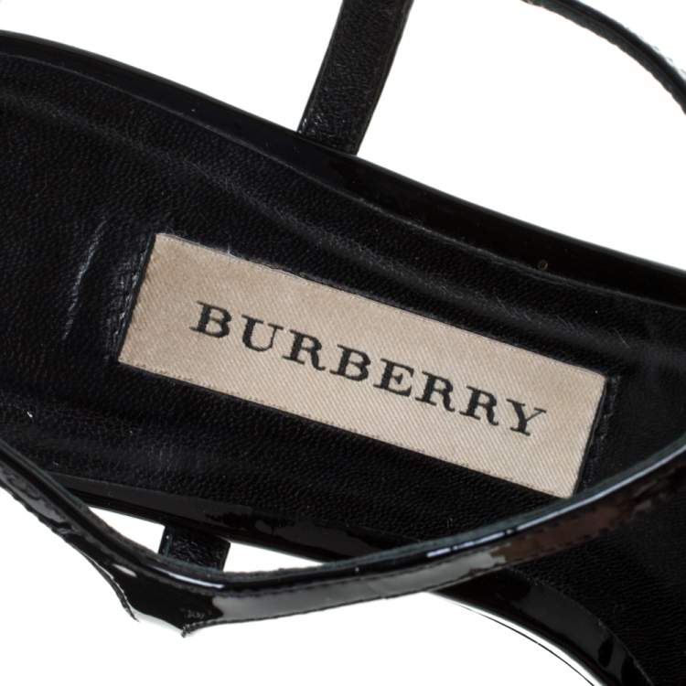 Pre Owned Burberry Black Patent Leather Laser Cut Ankle Strap Flat Sandals Size 37