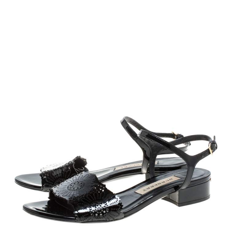 Pre Owned Burberry Black Patent Leather Laser Cut Ankle Strap Flat Sandals Size 37