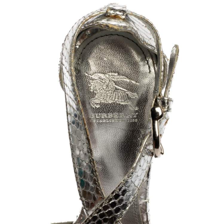 Pre Owned Burberry Silver Python Effect Leather Wedge Platform Sandals Size 39