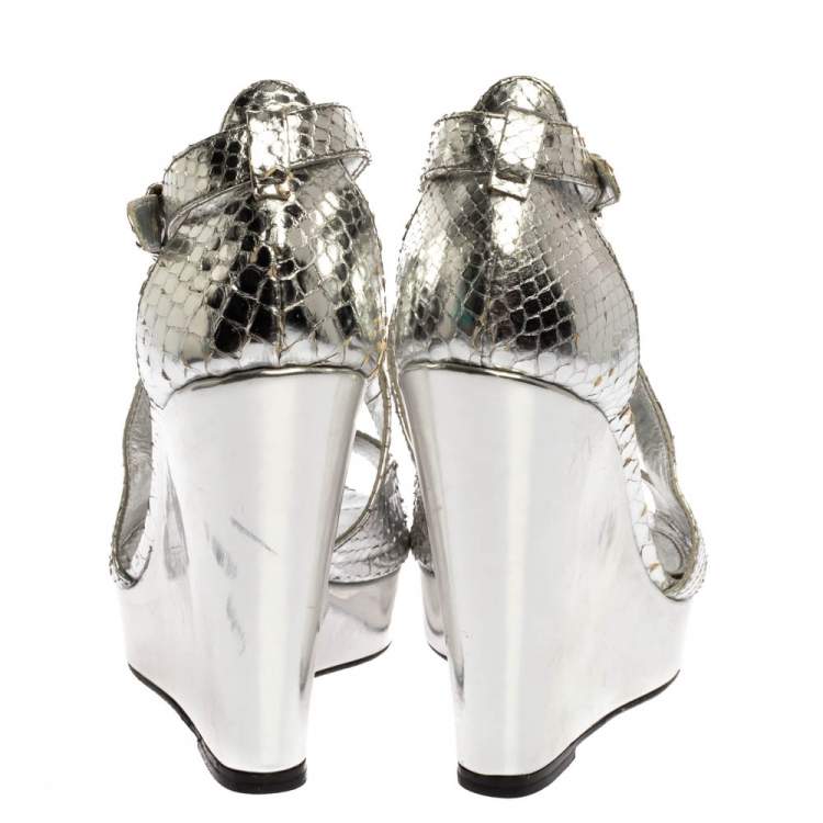 Pre Owned Burberry Silver Python Effect Leather Wedge Platform Sandals Size 39