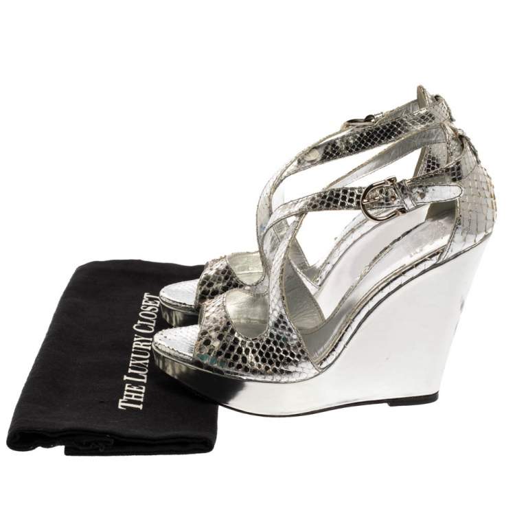 Pre Owned Burberry Silver Python Effect Leather Wedge Platform Sandals Size 39