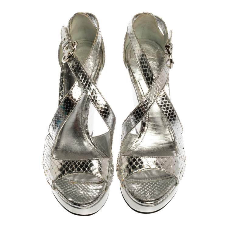 Pre Owned Burberry Silver Python Effect Leather Wedge Platform Sandals Size 39