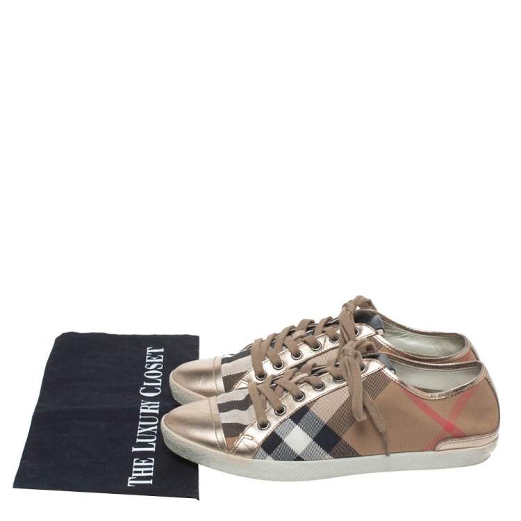Pre Owned Burberry Metallic Gold Leather And Beige Canvas Low Top Lace Up Sneakers Size 40