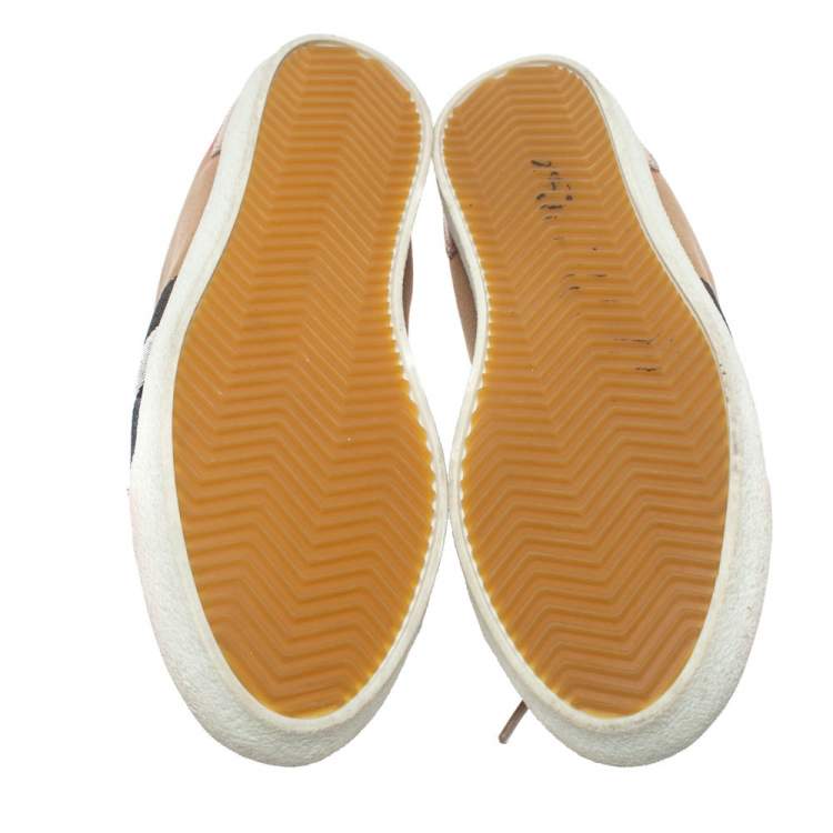 Pre Owned Burberry Metallic Gold Leather And Beige Canvas Low Top Lace Up Sneakers Size 40