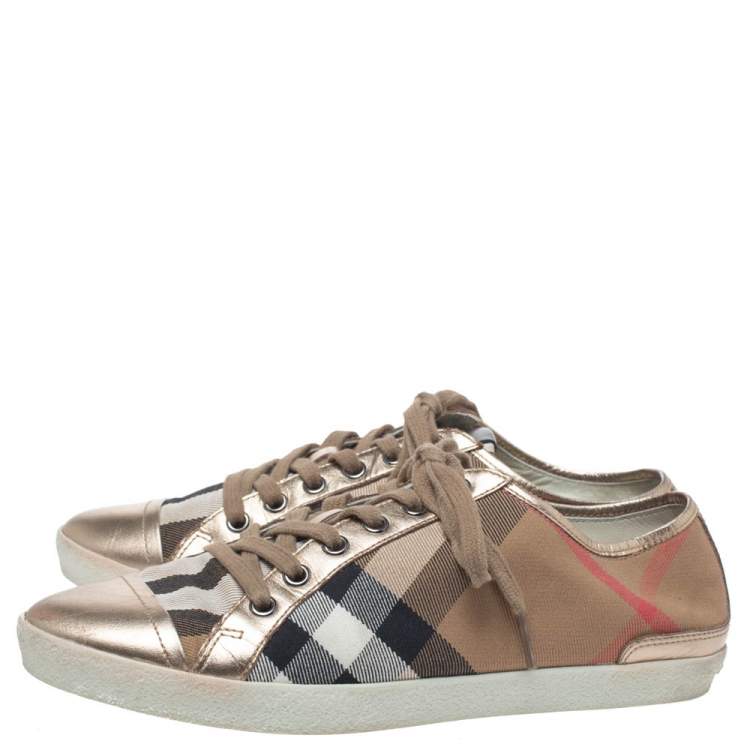 Pre Owned Burberry Metallic Gold Leather And Beige Canvas Low Top Lace Up Sneakers Size 40