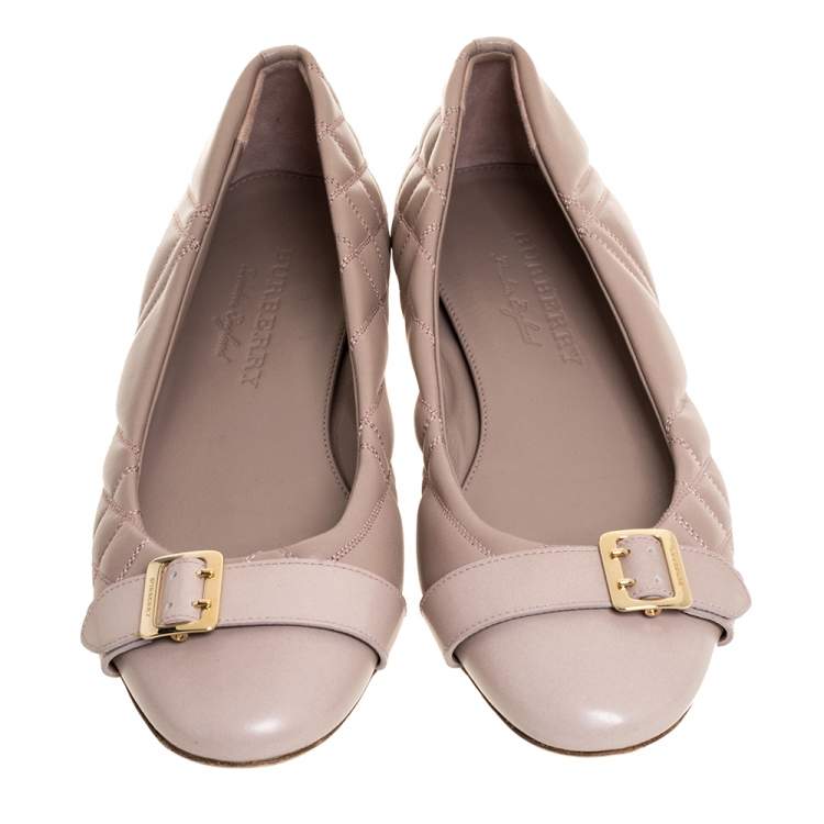 Pre Owned Burberry Pale Pink Quilted Leather Buckle Ballet Flats Size 38
