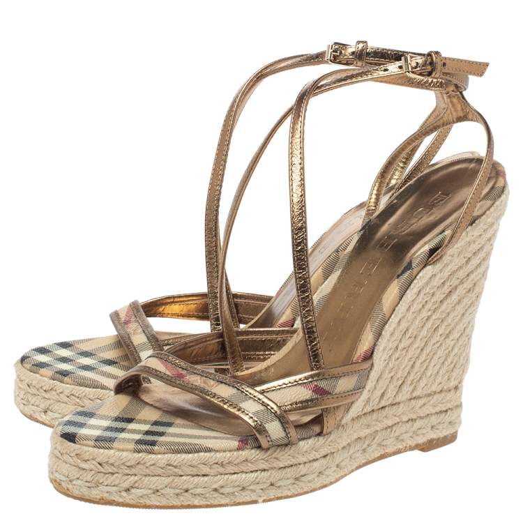 Pre Owned Burberry Gold/Beige House Check PVC and Patent Leather Criss Cross Espadrille Sandals Size 40.5
