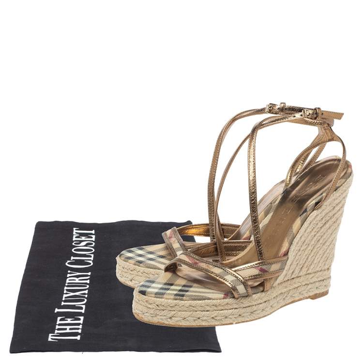 Pre Owned Burberry Gold/Beige House Check PVC and Patent Leather Criss Cross Espadrille Sandals Size 40.5