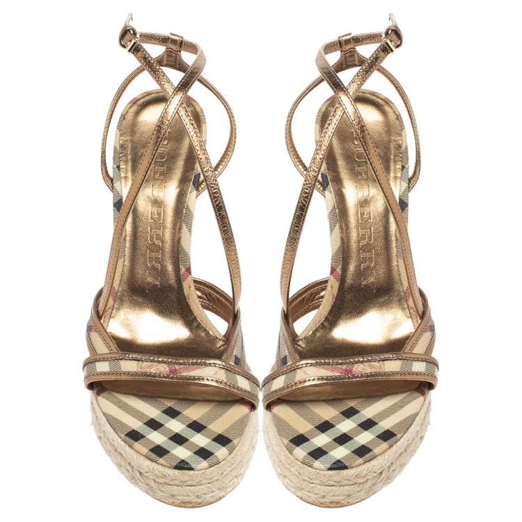 Pre Owned Burberry Gold/Beige House Check PVC and Patent Leather Criss Cross Espadrille Sandals Size 40.5